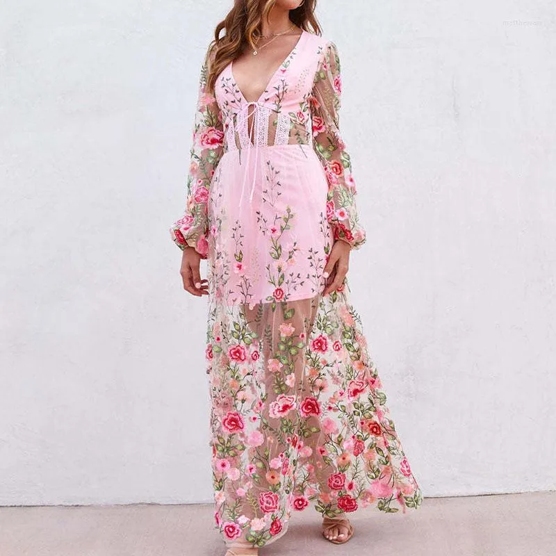 Casual Dresses Sexig Deep V-ringning Lace-up Bohe Long Dress Women Elegant See Through Slim Party Fashion Flower Print Lace Mesh Beach