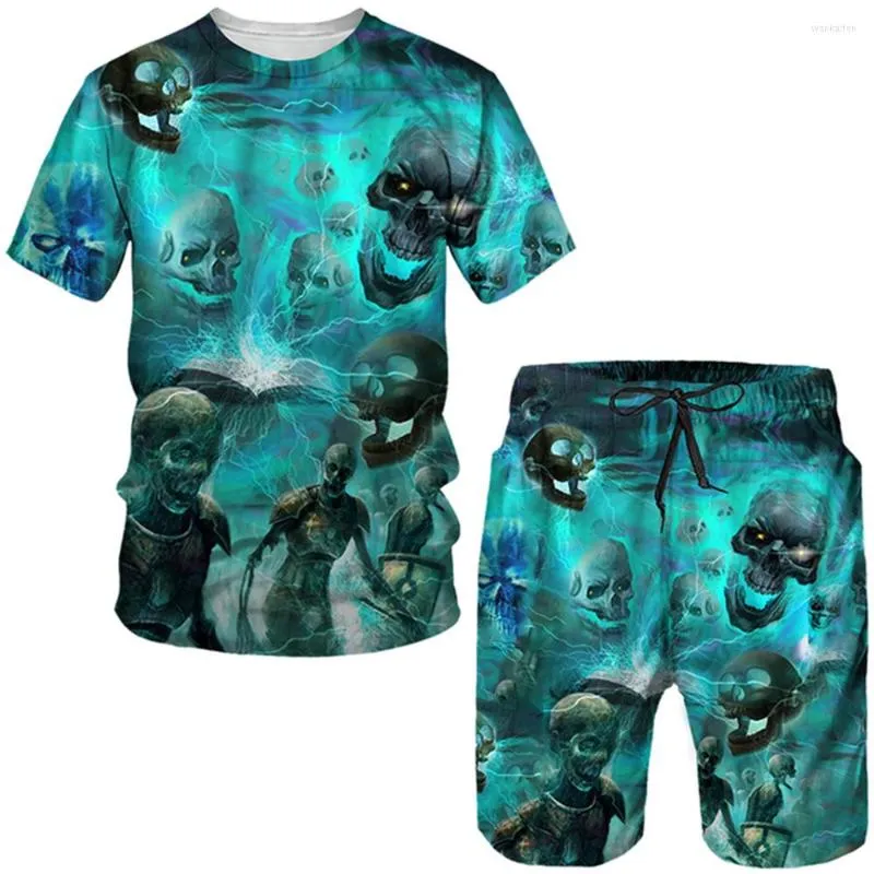 Treno de traje masculino Terno de verão em personalidade impressa em 3D Esqueleto de t-shirt shorts shorts de moda gótica punk roupas punk