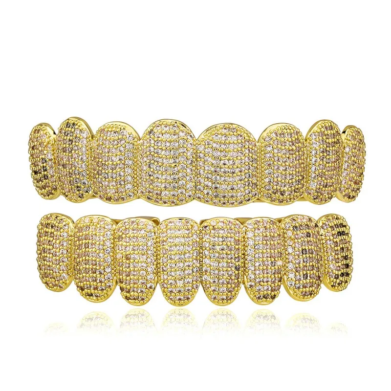 New Fashion Grills Silver Gold Plated Full Bling CZ Iced Out Teeth Grillz Top Bottom Grills Set Jewelry Gifts for Men