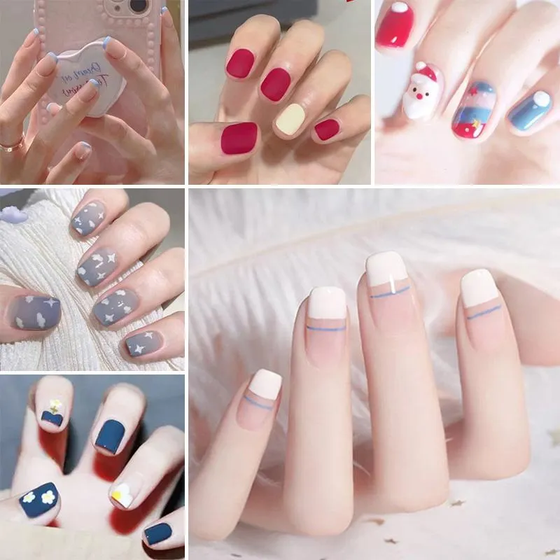 False Nails 24pc/ set 만화 가짜 짧은 줄 프랑스 색상 측면 아트 DIY 레벨 매력 손톱 접착제 z142false