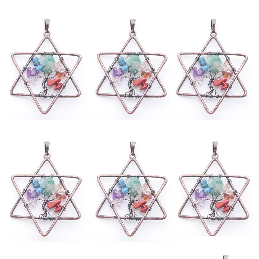 Pendant Necklaces Natural Chips Gem Stone 7 Chakra Reiki Tree Of Life Pendants Women Man Jewelry Five Pointed Star Metal Copper N381 Dhomm