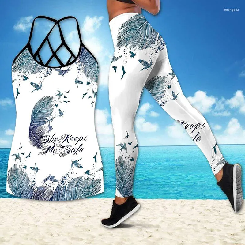 Flying Birds Feather 3D Print Criss Cross Tank Top And Empetua Leggings Set  For Women High Waist Yoga Suit From Berengaria, $17.07