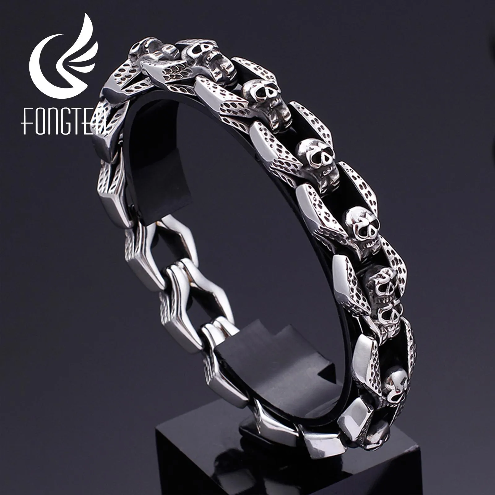 Bangle Fongten Crânio Charme Pulseira Blacken Metal Aço Inoxidável Pulseira Gótica Pulseiras Homens Jóias Melhores Amigos Presente