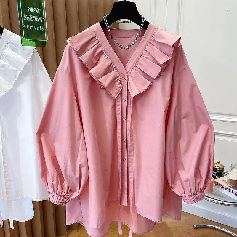 Camicette da donna DUOFAN Camicia con scollo a V francese da donna Primavera rosa High-end in legno Ear Edge Design Sense Summer Loose Casual Light Luxury Tops