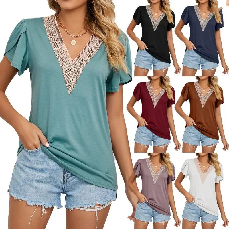 Kadın Tişörtleri İlkbahar/Yaz Ürünü Altın Dantel V Yez Kiremit Kısa Kollu Düz Renk Tişört