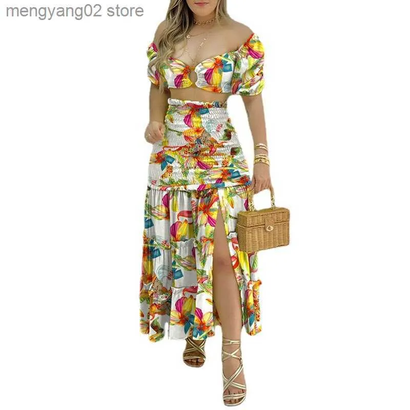 Tvådelad klänning 2023 Spring Fashion Women's New Sexy Top Print Split Half kjol Set T230524
