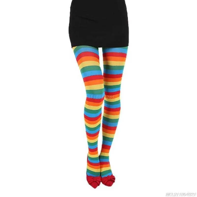 Rainbow Multicolor Striped Opaque Full Length Thigh High Socks