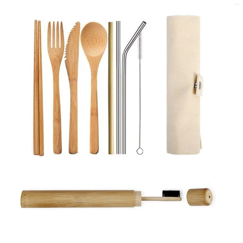 Dinnerware Sets Bamboo Cutlery Set Knife Fork Spoon Japanese Thickened Cloth Bag