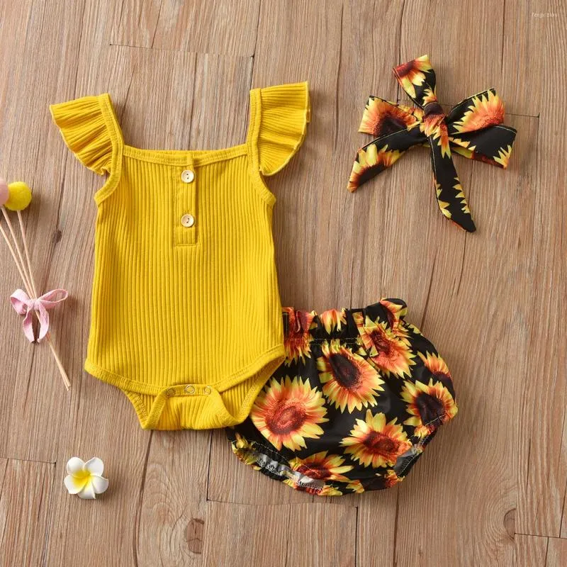 Giyim Setleri Doğan Bebek Bebek Kız Giysileri Kıyafetler Çocuk Ruffles Sleve Romper Top Ayçiçeği Baskı Yay Şortu Kafa Bandı 6m- 3y