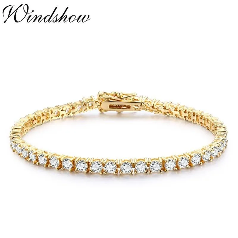 Bangle 3mm 925 Sterling Silver Gold Color Round AAA CZ Ziron Tennis Armband för Women Pulseras Pulseira Armelete Jewel Girl Friend