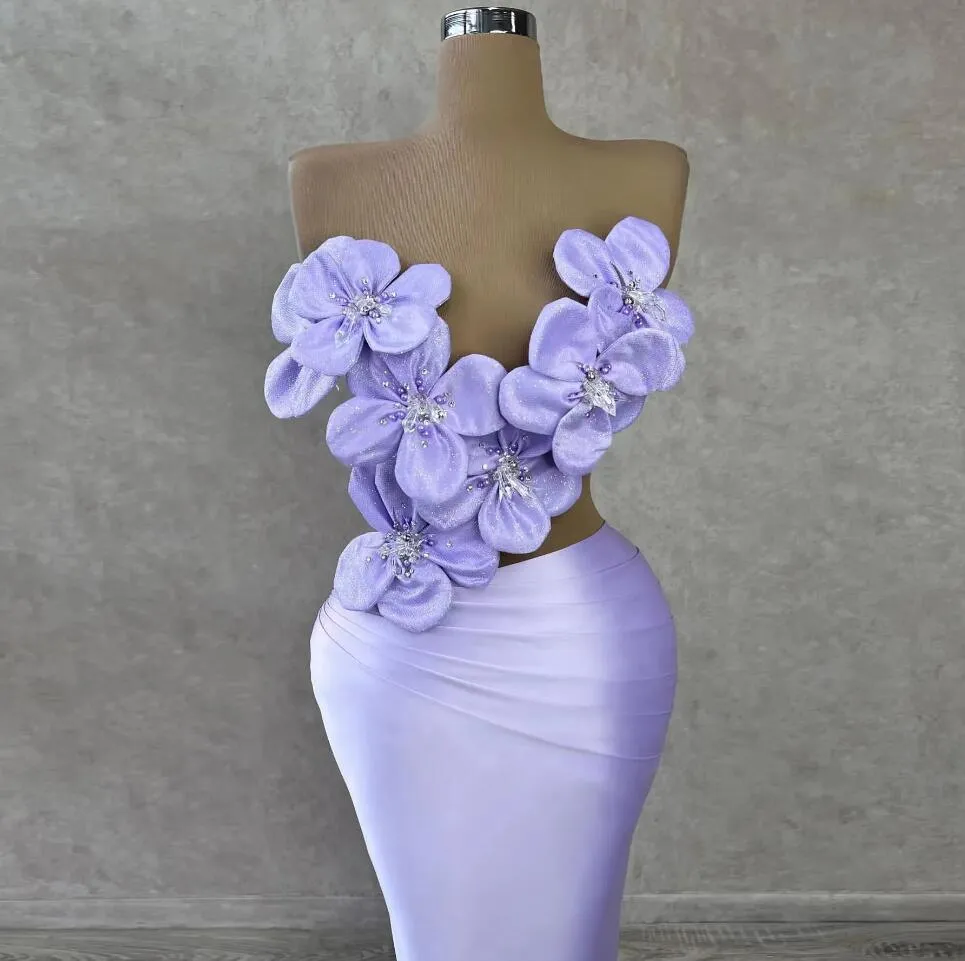 Lila lavendel avondjurken mouwloze 3D -bloemen kralen strapless vestidos de noche formeel feest sexy prom jurk