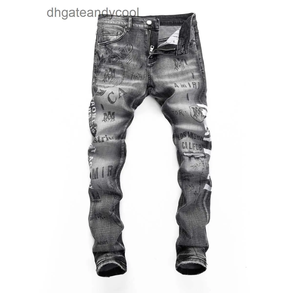 Denim amirres Jeans Designer Calças Homem Amr tendência nova luz cinza jeans lavar hot stamping graffiti fazer velho magro pequeno perna reta calças juventude tendência S223