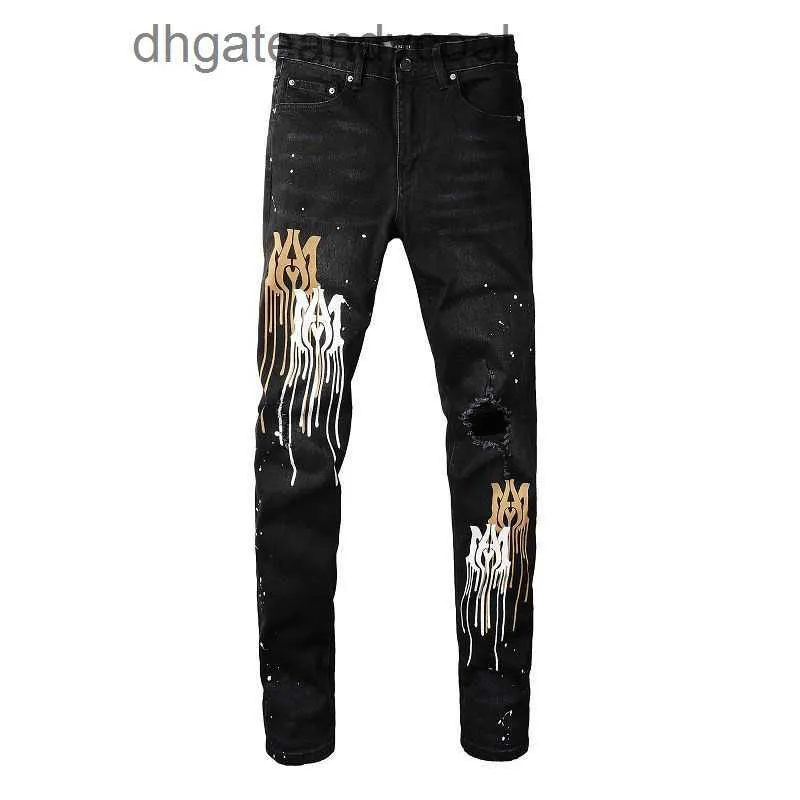 Denim Amiryes Jeans Designer Pantaloni Uomo nappe stampate con lettere lavate e realizzate in vecchio nero con foro su un ginocchio stretch slim fit jeans da uomo leggings moda Y10I