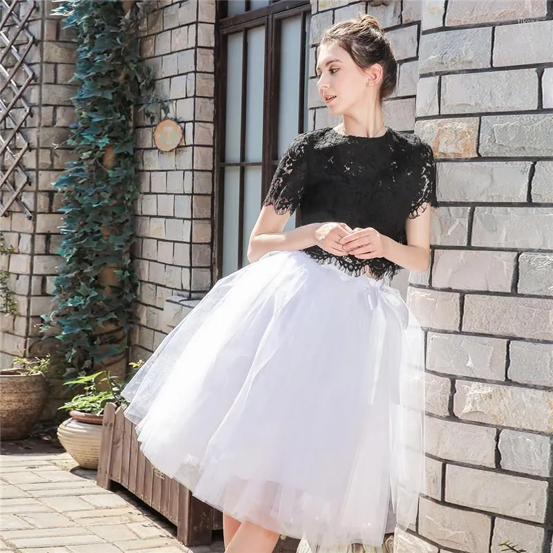 Skirts 7 Layers 65cm Knee Length Tulle Tutu Women Pleated Black Pink 2023 Spring Summer Korean Elastic High Waist Mesh Skirt