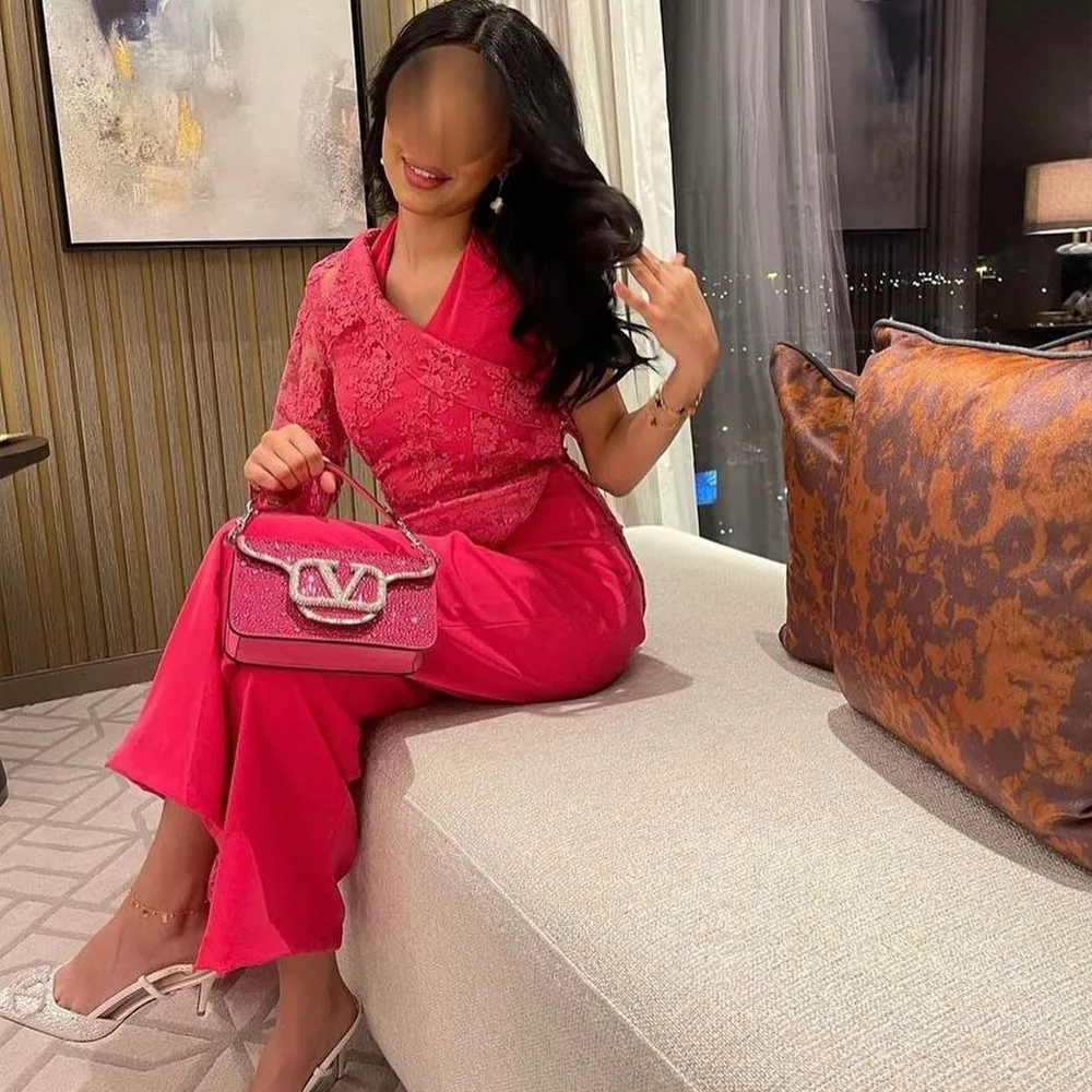 One Shoulder Lace V Neck Jumpsuit Red Lace Prom Dress For Women