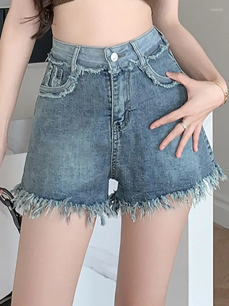 Women's Jeans Casual High Waisted Contrasting Denim Shorts With Fringed Wide Leg Pants 2023 Summer Korean Fashion Clothing