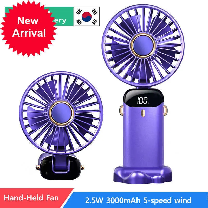 Ny 3000mAh Portable Hand-Held Fan Desktop Multifunktionell vikbar dubbelhuvud Electric Fan Digital Display med en nacke lany