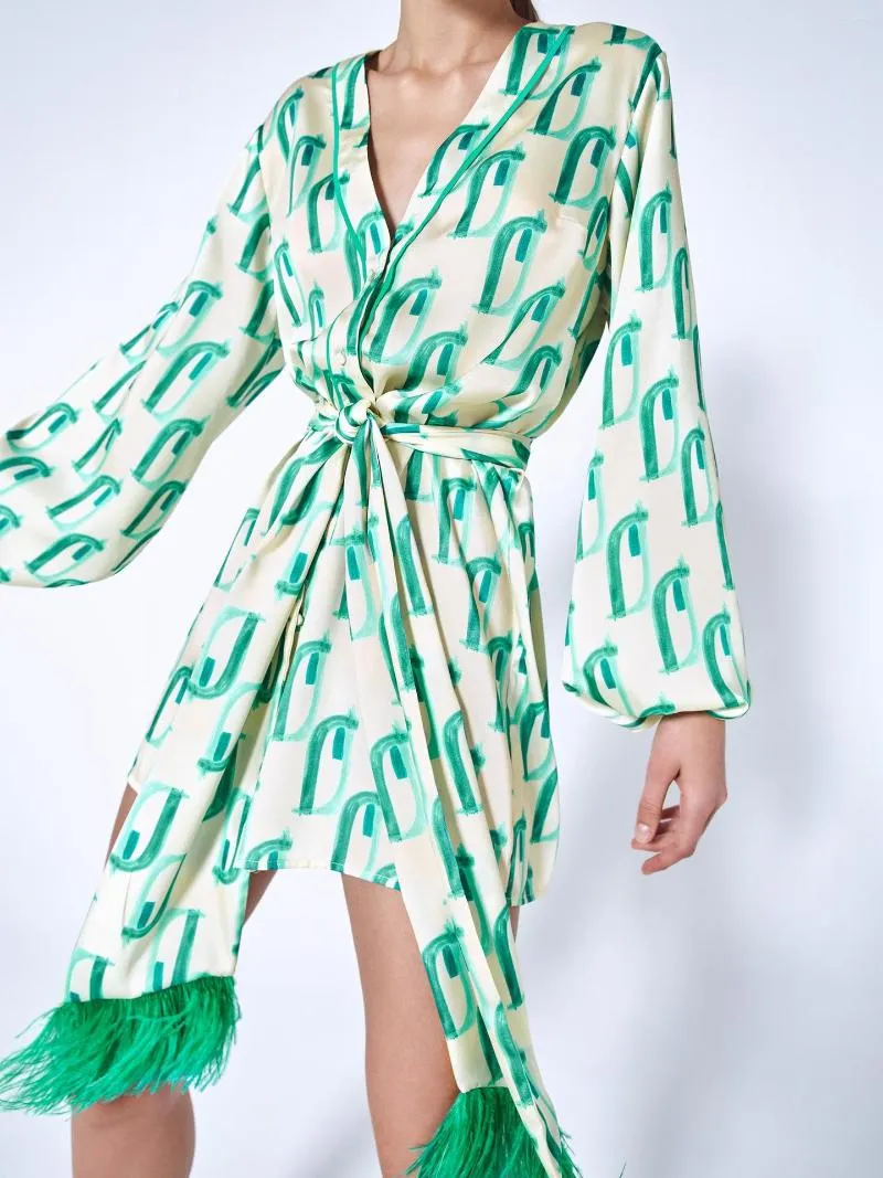 Casual Dresses Spring Summer V-Neck Printed Dress 2023 Långärmad hemmamode snörning Kort satin
