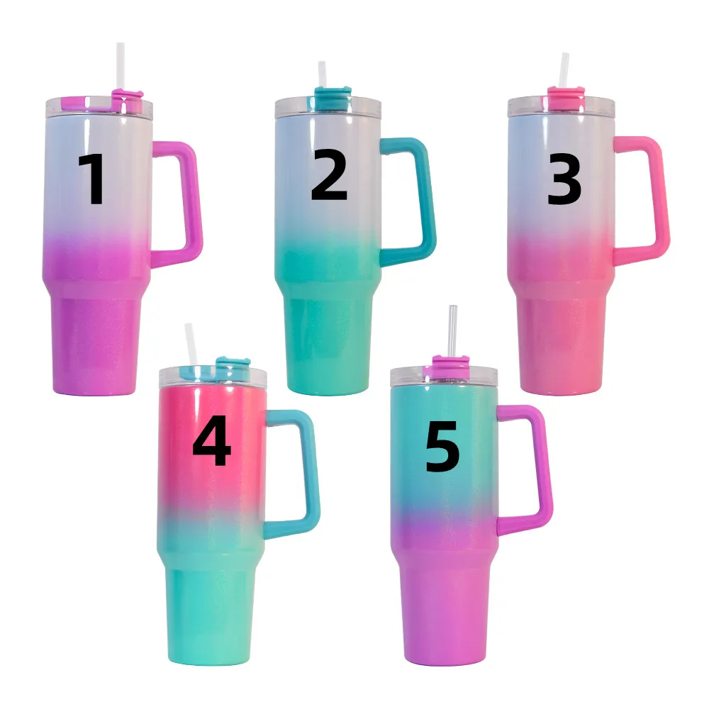 Armazém de estoque de 40 oz de canecas Glitter Casos Gradualmente Tumbler com tampas Handeldas Café de aço inoxidável de aço grande capacidade de cerveja Water Botting Camping Cup B5