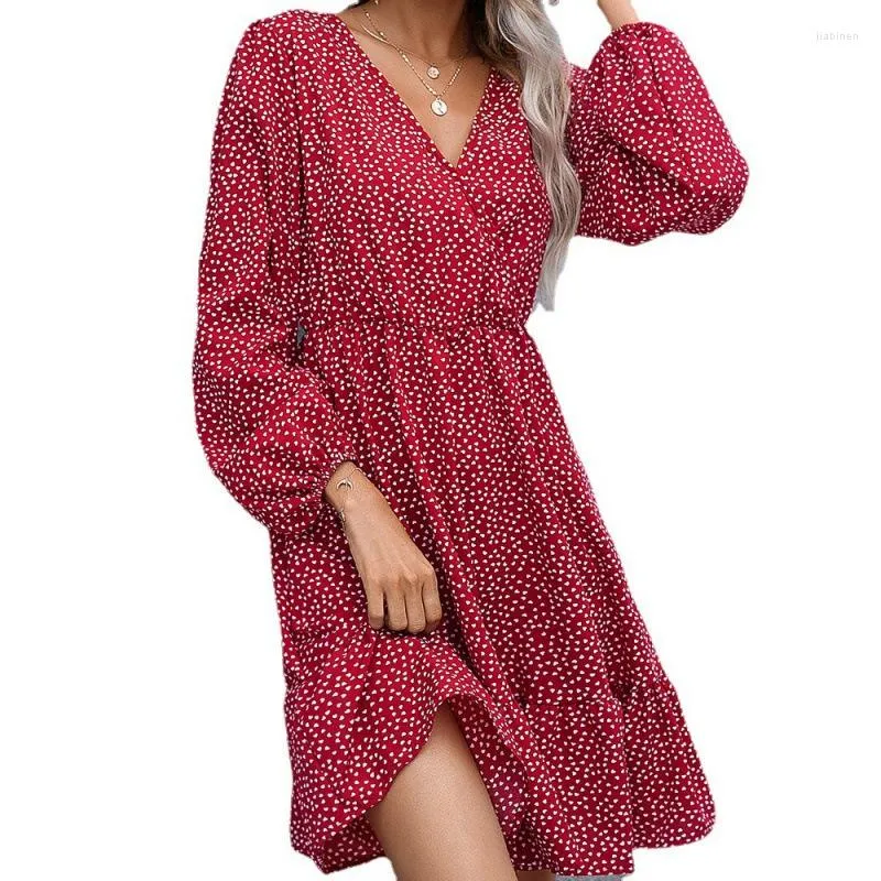 Casual Dresses 2023 Spring Dot Printed V-neck Small Floral Dress For Woman Party Pullover Long Sleeve Mini Skirt Polka Women Clothes