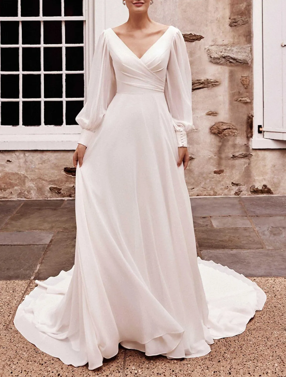 A Line Chiffon Wedding Dress: Long Sleeve V Neck Bridal Gown