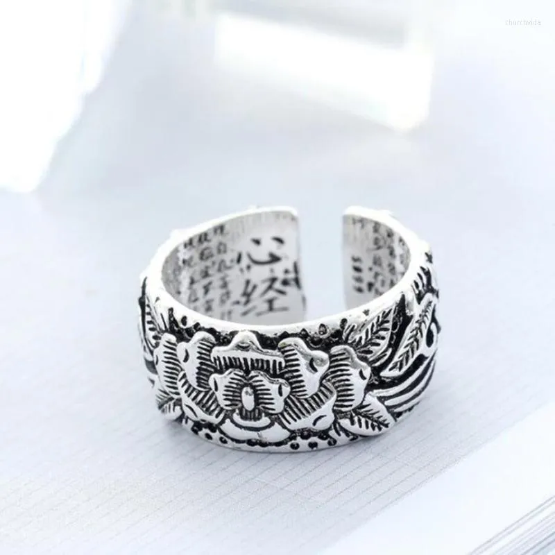 Cluster Rings Sole Memory Original Buddhism Scripture Lotus Bodhi Peace Silver Color Female Resizable Opening SRI285