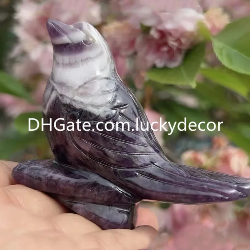 Ручная резная мечта Chevron Amethyst Bird Sculpture искусство духовный минеральный камень каменные воробьев. Фигурная фигурная статуэтка Кварце