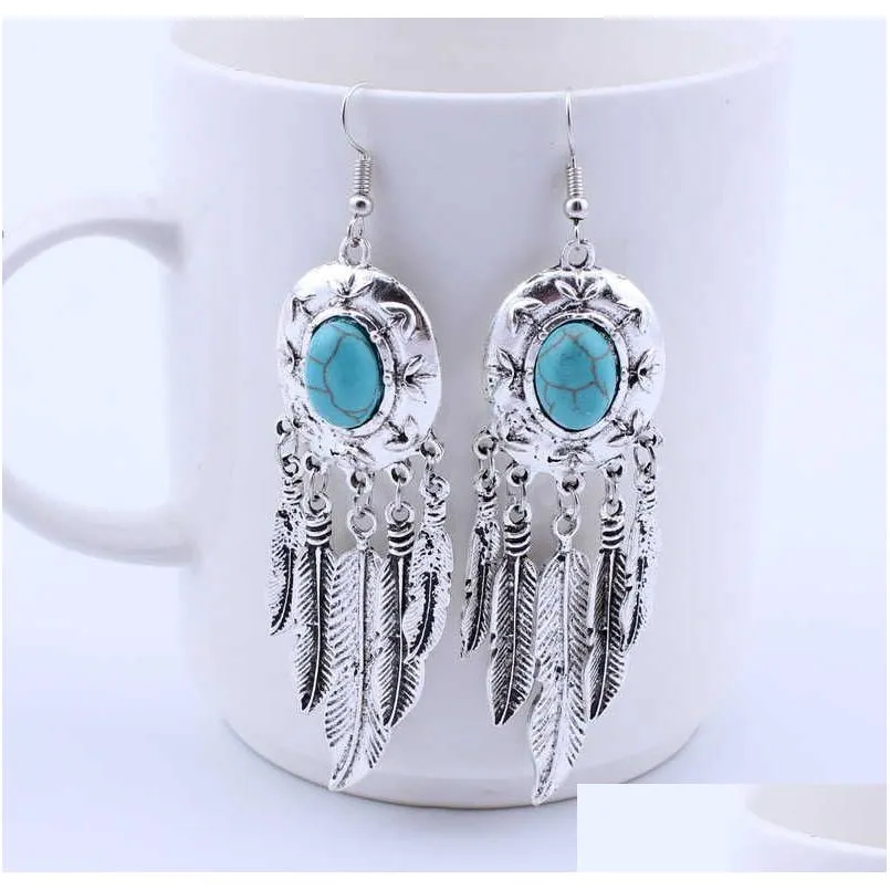 Charm Womens Feather Tassel Tibetan Sier Turquoise серьги GSTQE038 модный подарок национальный стиль женщины DIY Серьки доставка еврей DHDA2