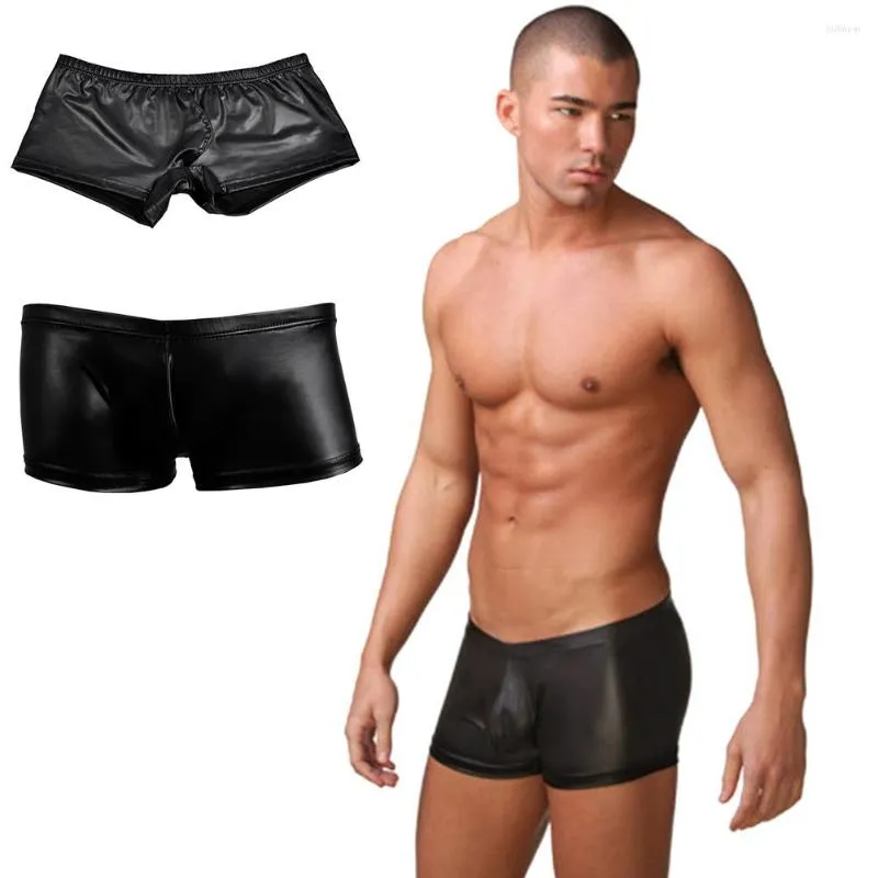 Costumi da bagno da uomo Sexy Uomo Ecopelle Effetto bagnato Boxer attillati Intimo fresco S M L Nero