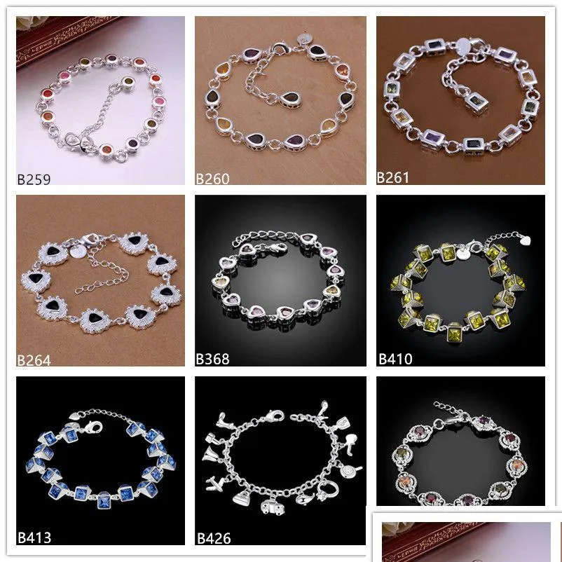 Catena Rotonda Link Colori Pietre Goccioline Cuore Bracciali placcati in argento sterling 8 pezzi Stile misto Gtb34 Gemma da donna 925 Drop Del Dh3Fl