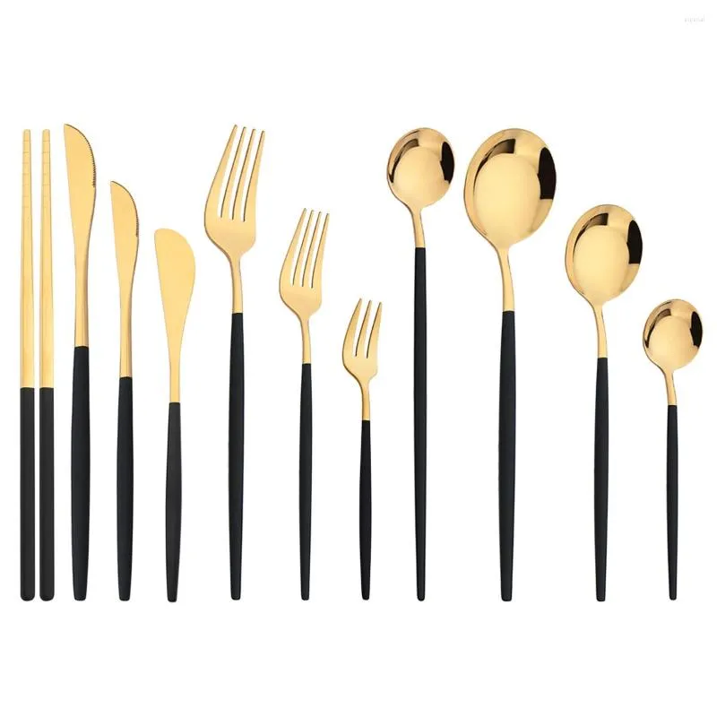 أدوات المائدة مجموعات أدوات المائدة الذهبية السوداء مجموعة زبدة سكين الشوكة شوكة طويلة مقبض الشاي ملعقة الملعقة
