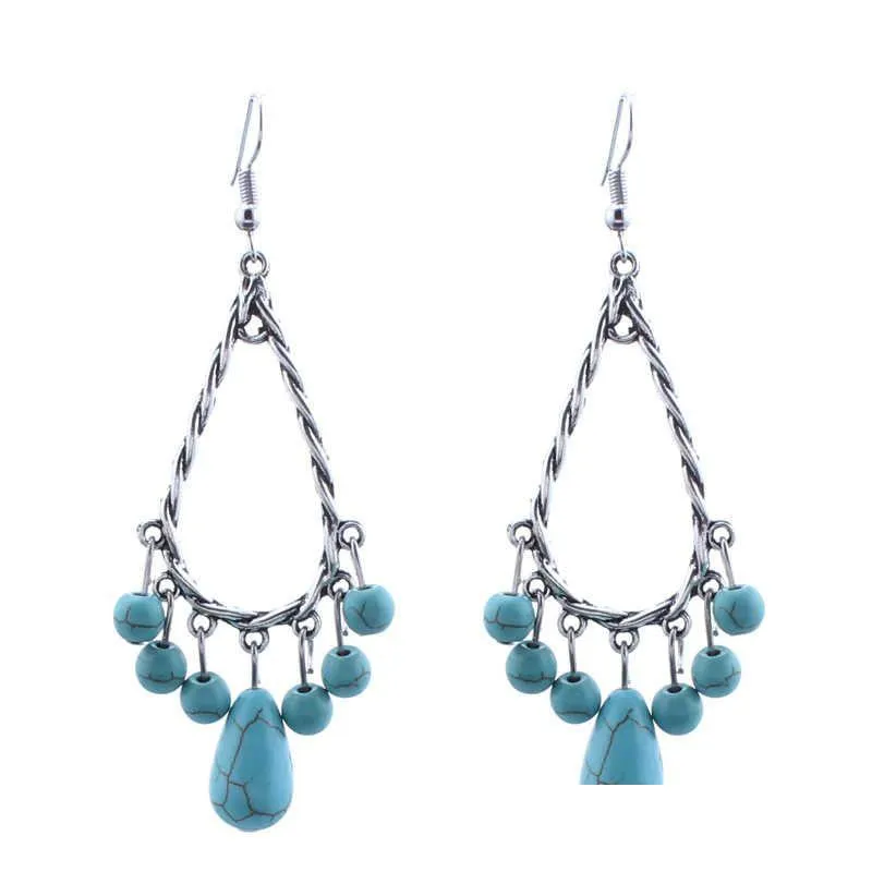 Charme Femmes Goutte D'eau Tibétain Sier Turquoise Boucles D'oreilles Gstqe033 Cadeau De Mode Style National Femmes Diy Boucle D'oreille Livraison Bijoux Dh6M3