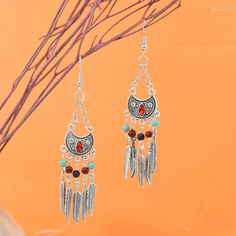 Dangle Earrings Colorful Beaded Women Alloy Feather Tassels Boho Ethnic Pendants Jhumka Carved Bohemian Female