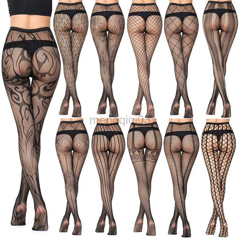 Socks Hosiery Women Long Sexy Hollow Out Fishnet Stockings Pantyhose Black High Waist Lace Transparent Stocking Pantyhose Y23