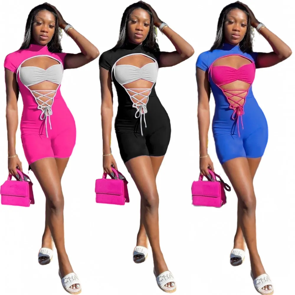 Designer Sexy Rompers Summer Women Short Sleeve Bandage Hollow out Jumpsuits Casual Bodycon Playsuits One Piece Overalls Bulk items Wholesale Clothes 9892