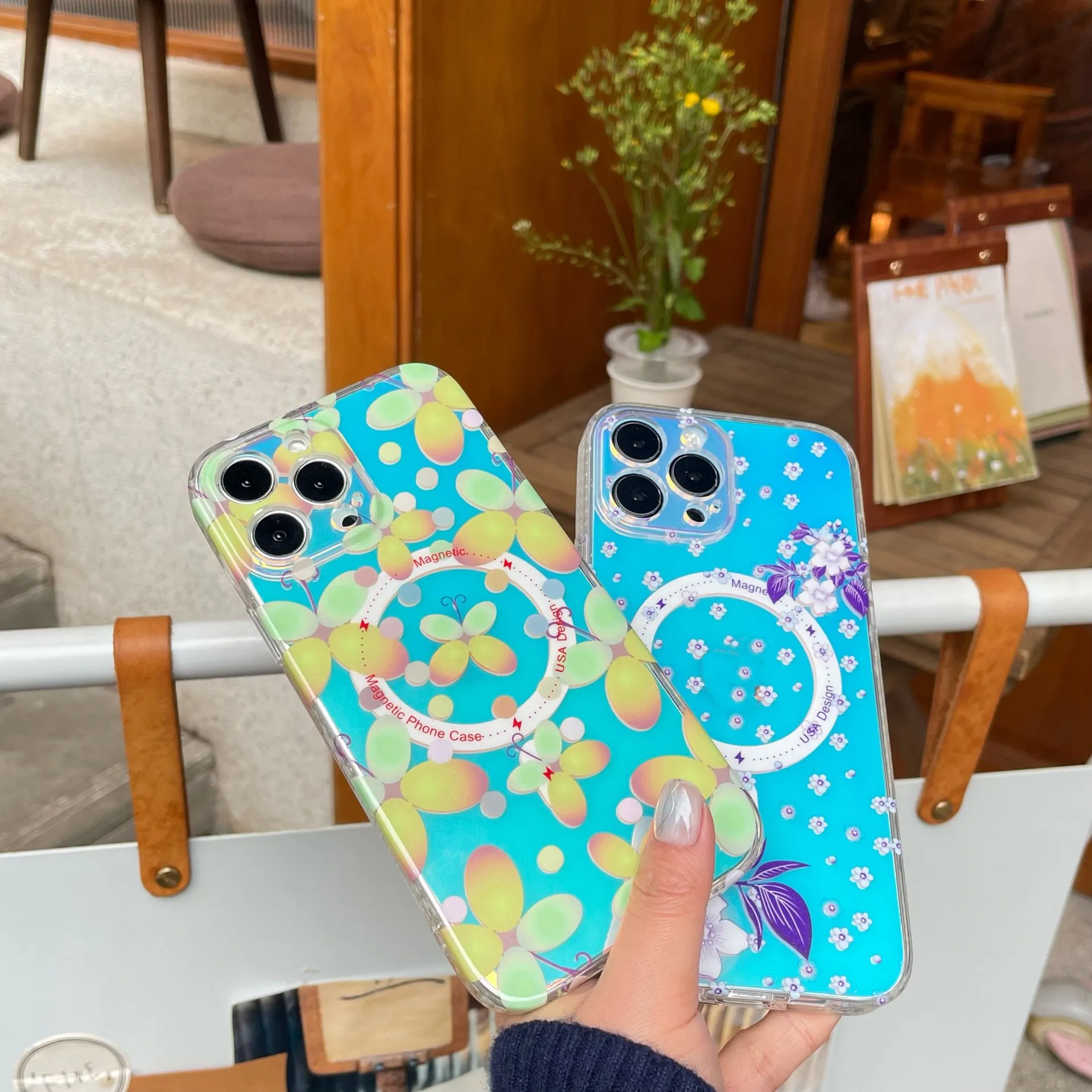 Moda TPU Laser Floral Butterfly Magnet bezprzewodowy obudowa ładowania dla iPhone'a 14 13 12 11 Pro Max Japoński mały świeży styl