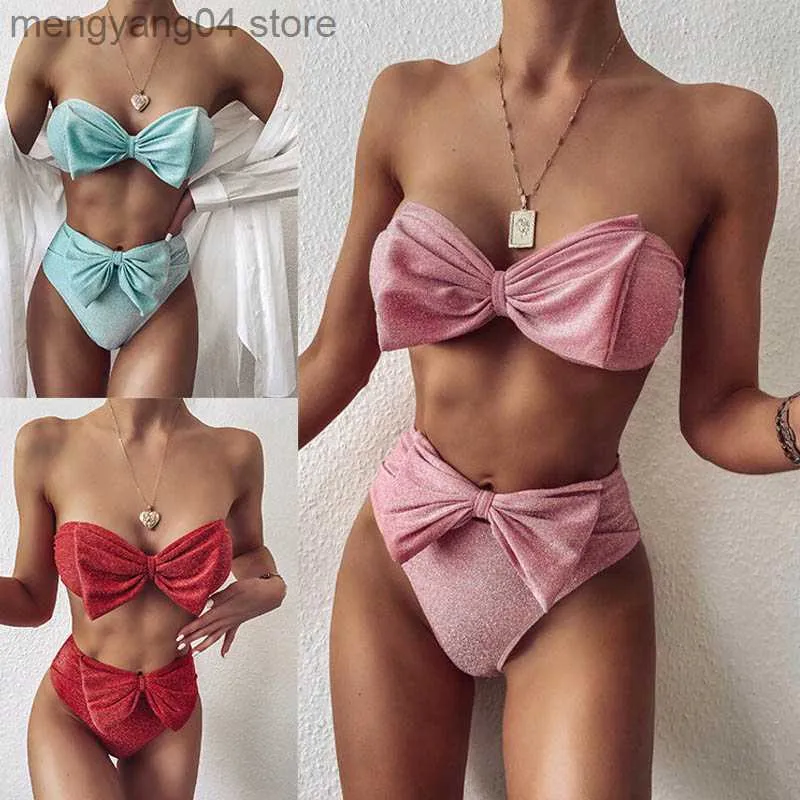 Kvinnors badkläder sammet heta rosa båge biquini hög midja bikini 2020 baddräkter bandeau badkläder kvinnor glänsande solida stropplösa badare baddräkt T230524