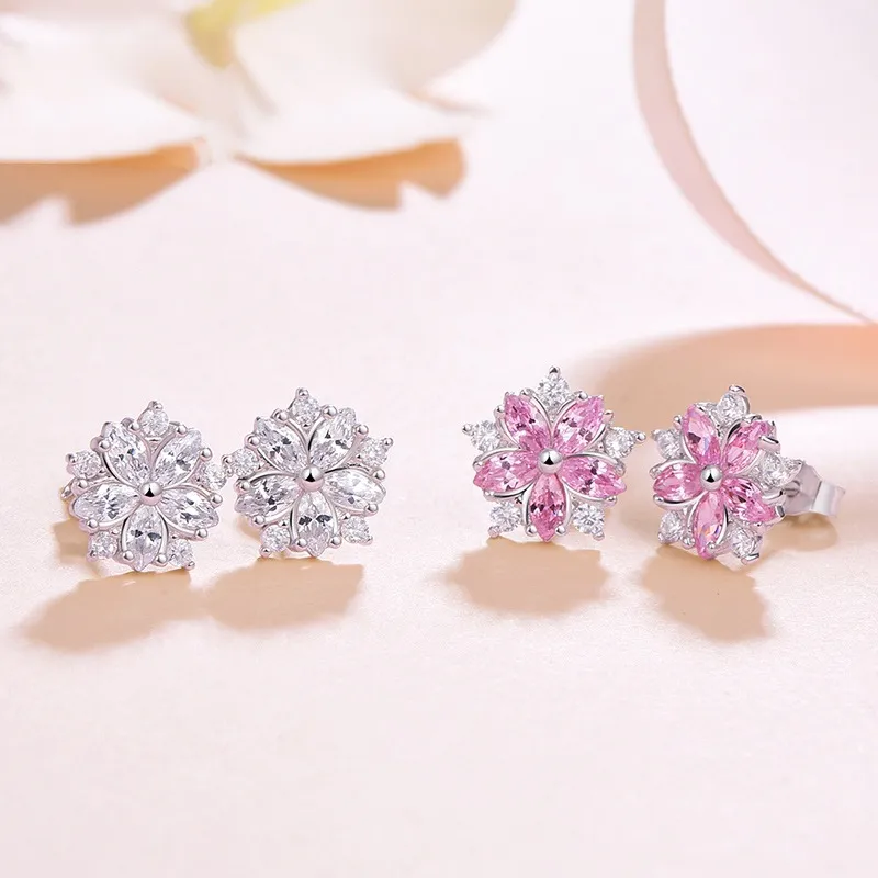 Sweet Statement Pink Cherry Blossom Stud Earrings With Sparkling Zircons - Women's Sterling Silver Jewelry_voghion.com