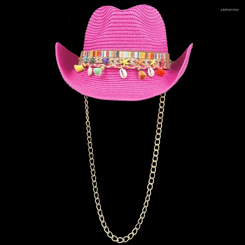 Bérets Punk Cowboy Chapeau 2023 Été Rose Rouge Chaîne Paille Hommes Gentleman Femmes Jazz Soleil