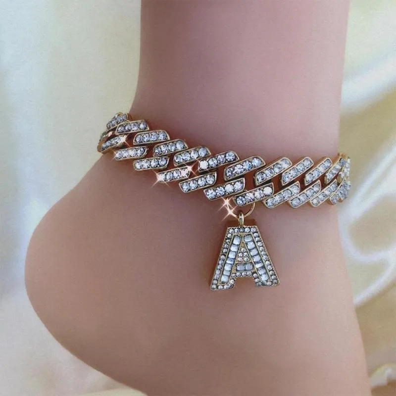 Bracelets de cheville cristal sac lettre grosse initiale A-Z pendentif cheville pour femmes Bling glacé strass cubain lien chaîne pied bijoux