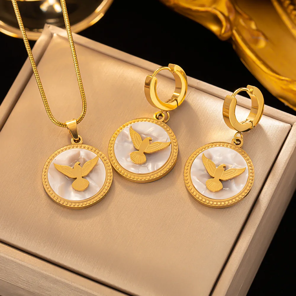Mode colombe de la paix pendentif collier boucle d'oreille or 18 carats blanc coquillage bijoux pour femme