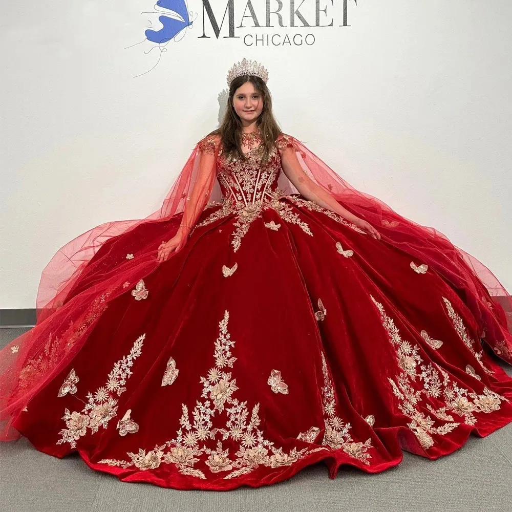 Red Veet Quinceanera Dresses With Wraps Beading Gold Appliques Sweetheart For Sweet 16 Girl Princess Ball Gown Vestidos De 15 Anos Prom Gowns