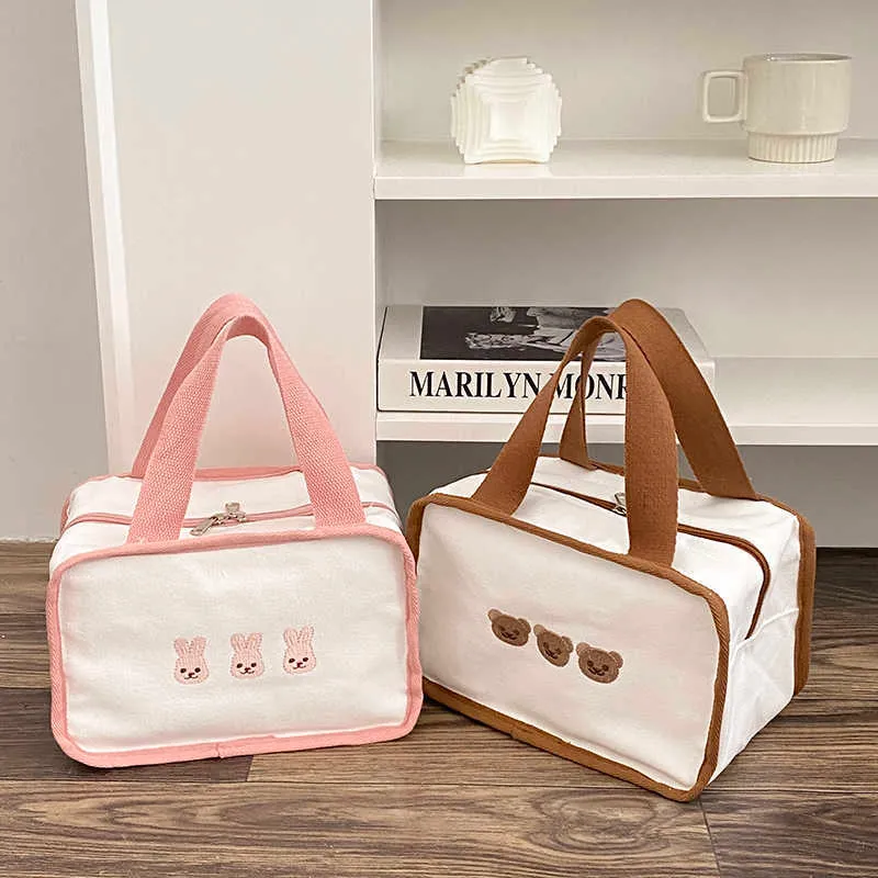 Backpacking Packs Ladies Cute Bear Rabbit Lunch Bag Girls Insulated Canvas Cooler Handbag Aluminum Foil Hot Food Box Picnic Dinner Container P230524