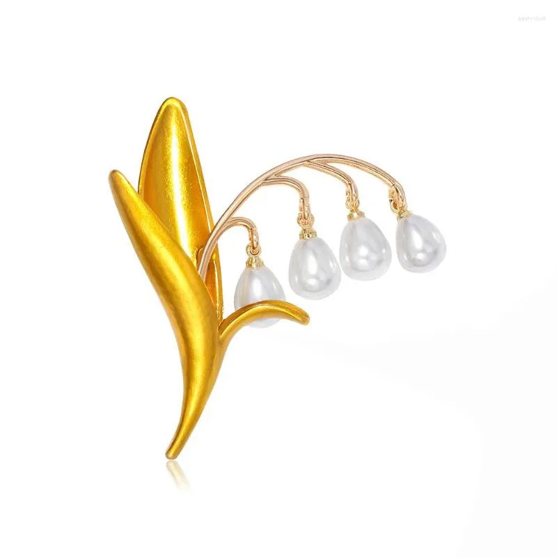 Brooches Enamel Yellow Floral Leaf Brooch For Women Lily Valley Pearls Tassle Pin Jewelry Party Wedding Bouquet DIY Accesories