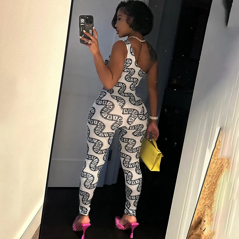 Stylish Sexy Women s Jumpsuits Rompers Summer New Tight Monogram Print One Shoulder Sleeveless High Waist One piece Trousers