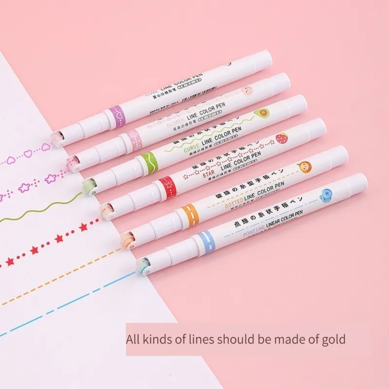 3/6Pcs Kawaii Flower Heart Curve Line Shaped Roller Highlighter Pens Color  Dot Liner Marker Highlighter Cute Stationery School