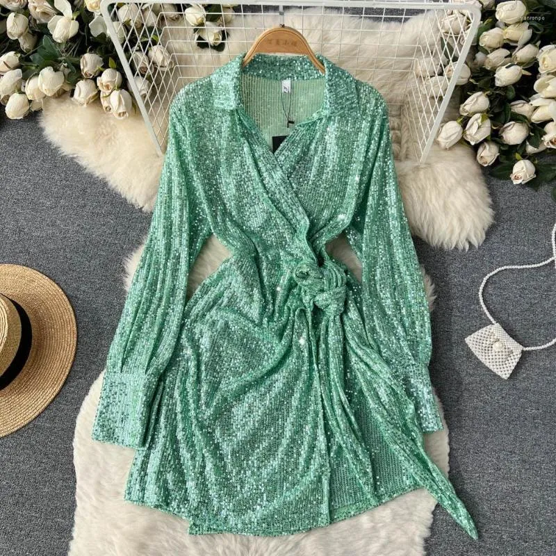 Casual jurken Spring herfst Koreaans lovertjes V-hals lange mouwen slanke jurk vrouwen mode sexy pure kanten split vestidos j034