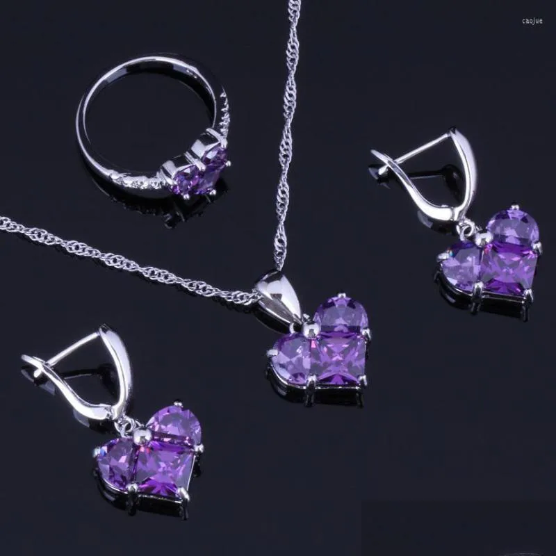 Earrings Necklace Set Delightf Heart Shaped Purple Cubic Zirconia Sier Plated Pendant Chain Ring V0977 Drop Delivery Jewelr Dhgarden Dhj8V