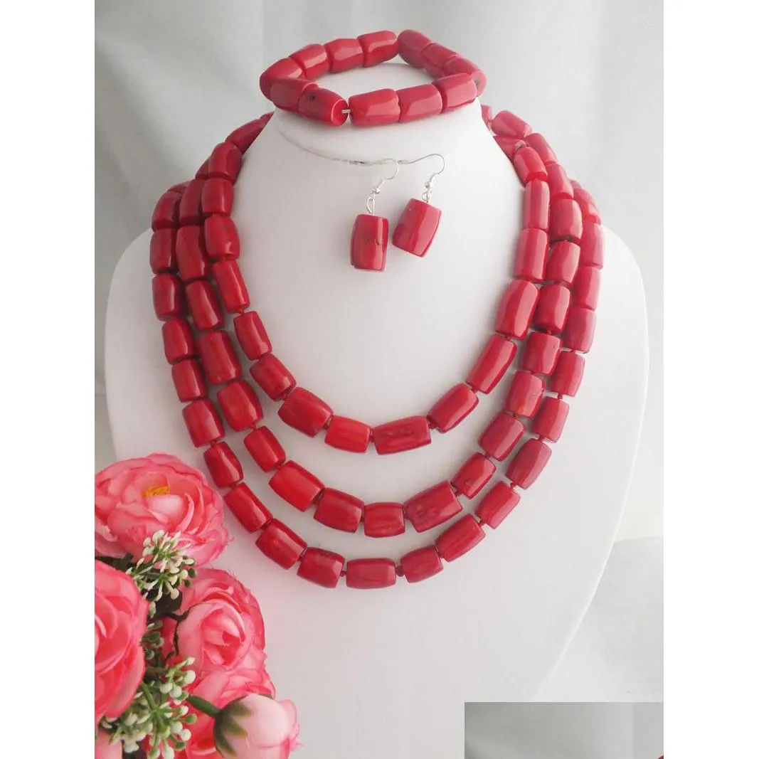 Boucles d'oreilles Collier Ensemble Incroyable Perles De Corail Rouge Ensembles Artificiels Africains Nigérians Drop Delivery Bijoux Dhgarden Dhsoe