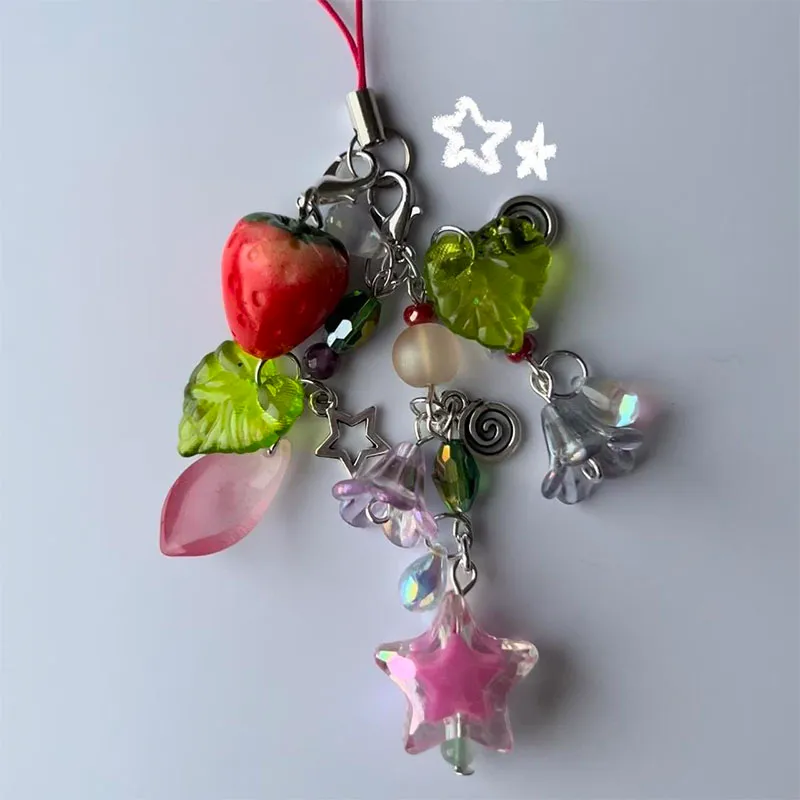 Arrietty Inspired Phone Charm Strawberry Phone-Cases Beaded Phone Charm Phone Keyring Pastel Fairycore Y2K